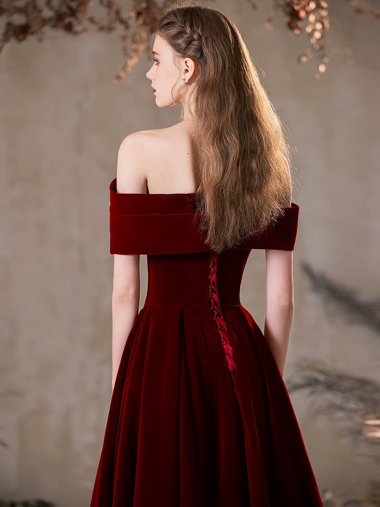 
                  
                    A-Line Off Shoulder Velvet Burgundy Long Prom Dress, Burgundy Long Formal Dress
                  
                