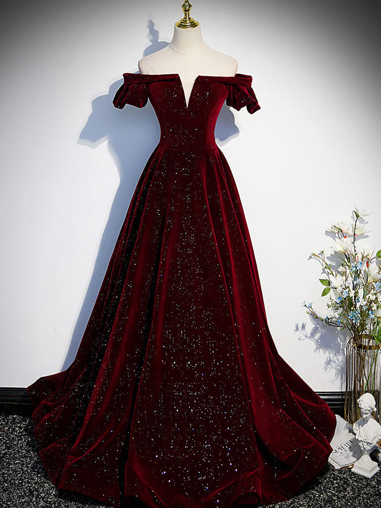 
                  
                    A-Line Velvet Burgundy Long Prom Dress, Burgundy Velvet  Long Formal Dress
                  
                