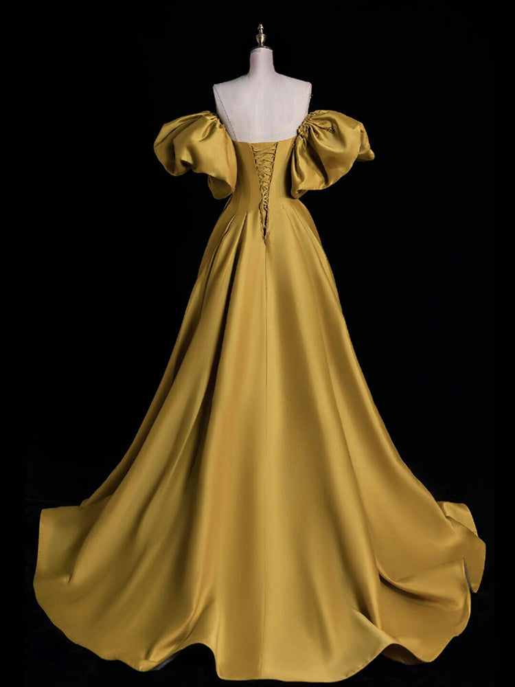Yellow A-Line Puff Sleeves Satin Long Prom Dress, Yellow Long Formal Dress