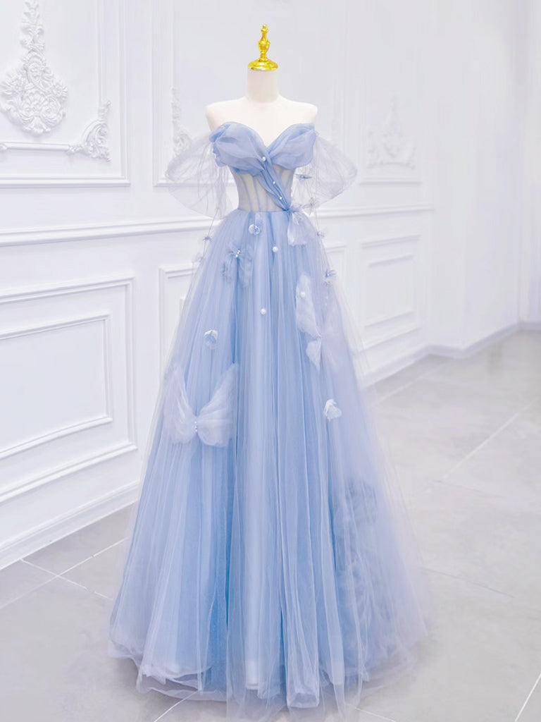 A-Line Off Shoulder Tulle Blue Long Prom Dress, Blue Long Formal Dress