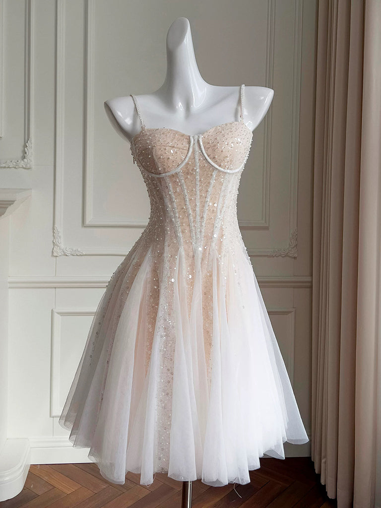 A-Line Sweetheart Neck Tulle Sequin Champagne Short Prom Dress, Cute Homecoming Dress