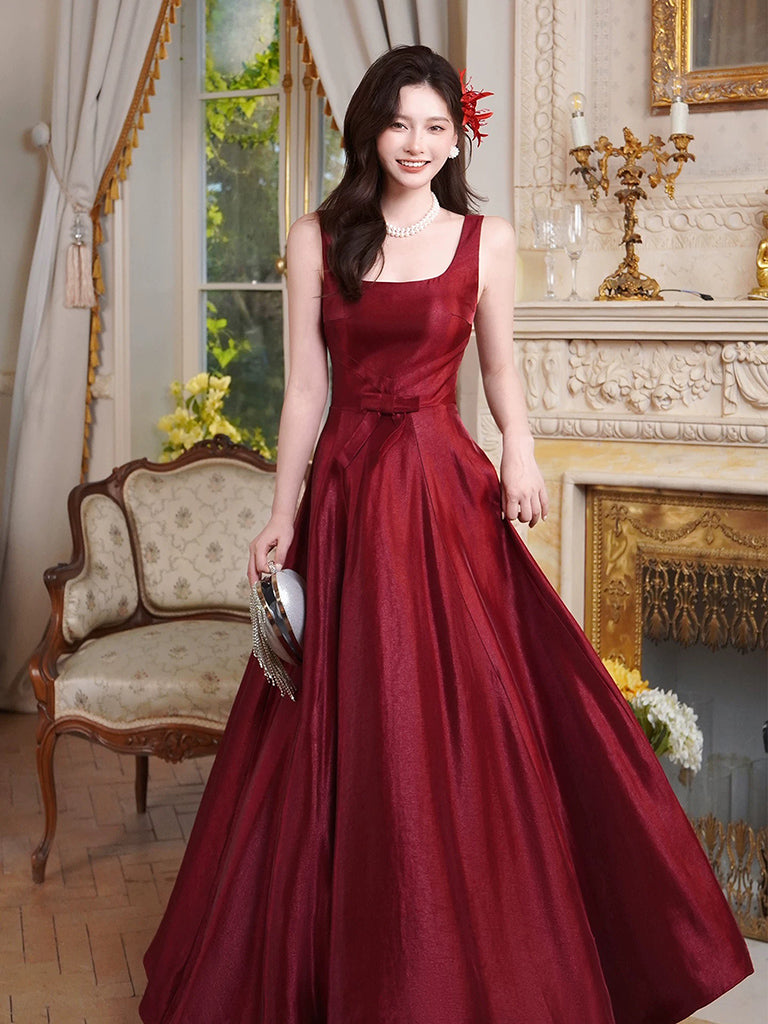 A-Line Satin Burgundy Long Prom Dress, Burgundy Long Evening Dress