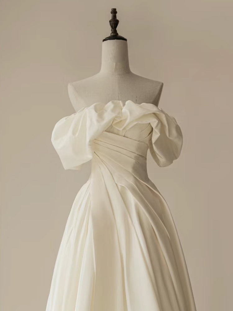 Simple Off Shoulder Satin ivory Long Prom Dress, ivory Long Formal Dress