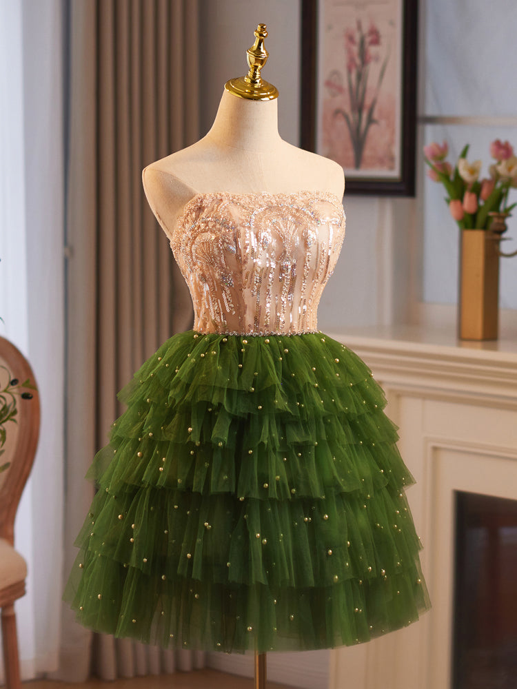 Champagne/Green Tulle Lace Short Prom Dress, Cute Homecoming Dress shdress Champagne/Green Tulle Lace Short Prom Dress, Cute Homecoming Dress shdress