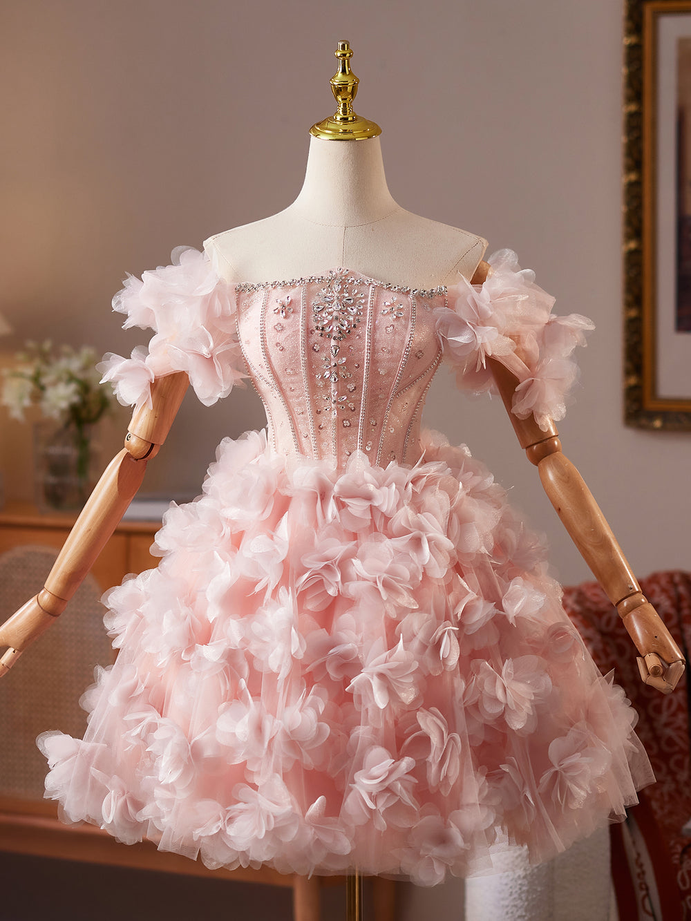 A-Line Tulle Beads Pink Short Prom Dress, Pink Homecoming Dress