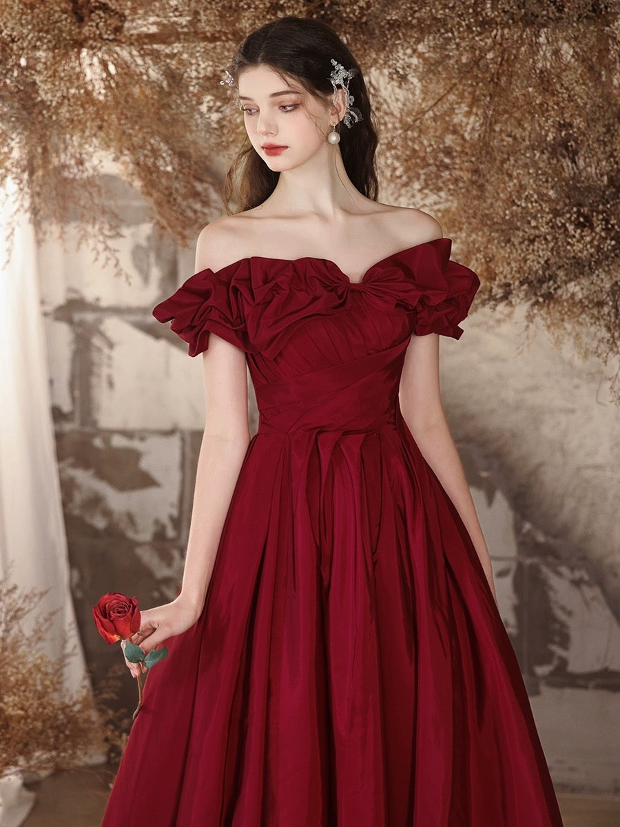 A-Line Off Shoulder Satin Burgundy Long Prom Dress, Burgundy Long Form shdress A-Line Off Shoulder Satin Burgundy Long Prom Dress, Burgundy Long Form shdress