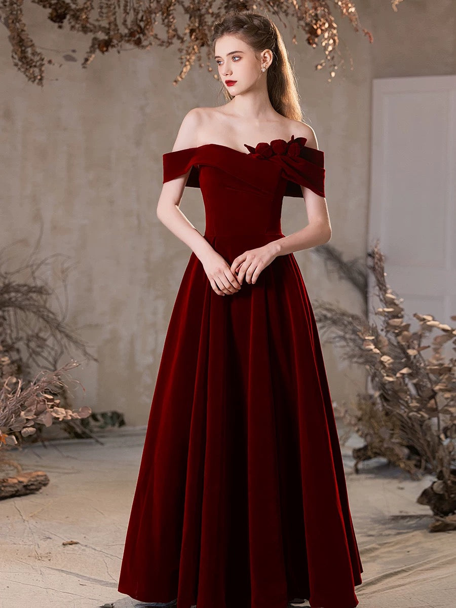 A-Line Off Shoulder Velvet Burgundy Long Prom Dress, Burgundy Long For shdress A-Line Off Shoulder Velvet Burgundy Long Prom Dress, Burgundy Long For shdress