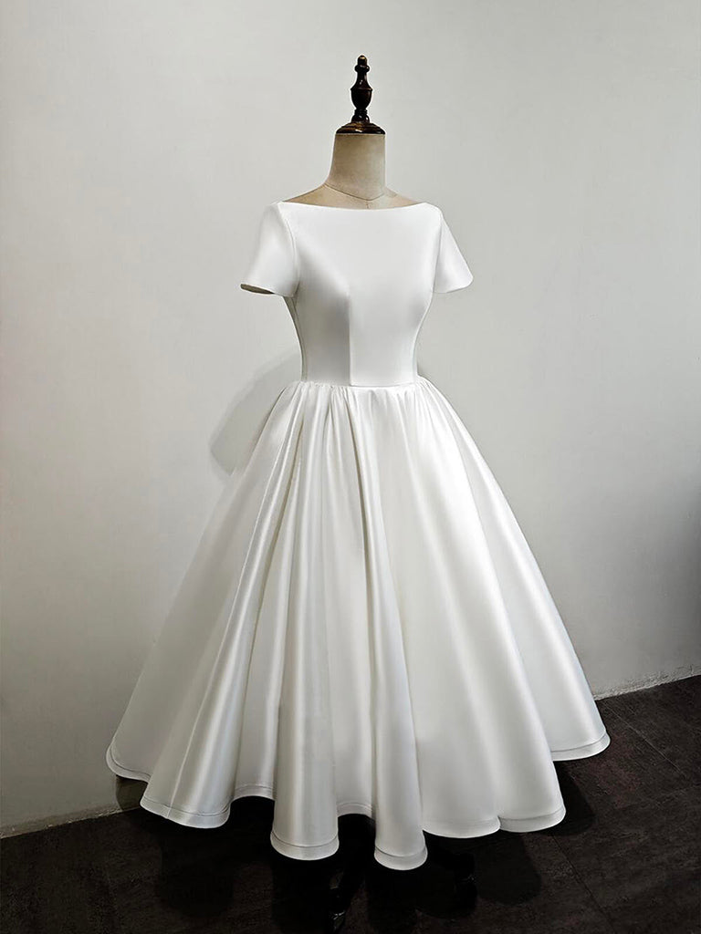 A-Line Satin Tea Length White Formal Dress