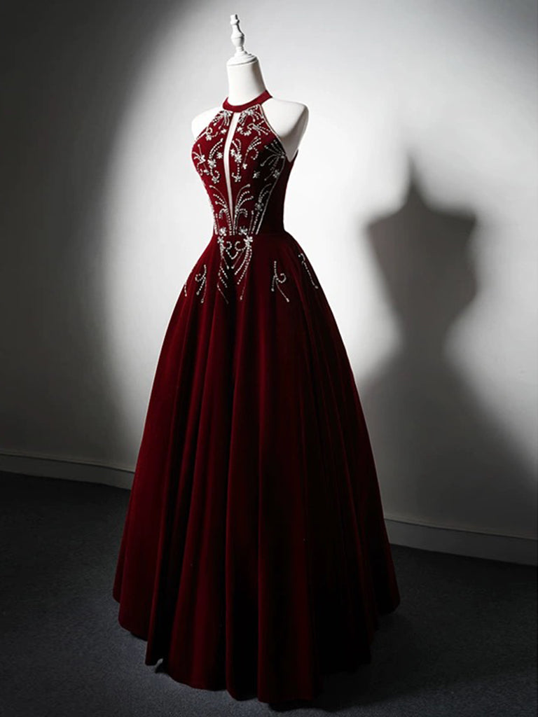 A-Line Velvet Burgundy Long Prom Dress with Beads shdress A-Line Velvet Burgundy Long Prom Dress with Beads shdress