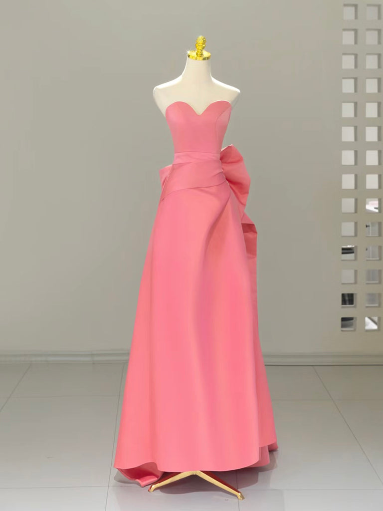 A-Line Sweetheart Neck Satin Pink Long Prom Dress, Pink Long Formal Dr