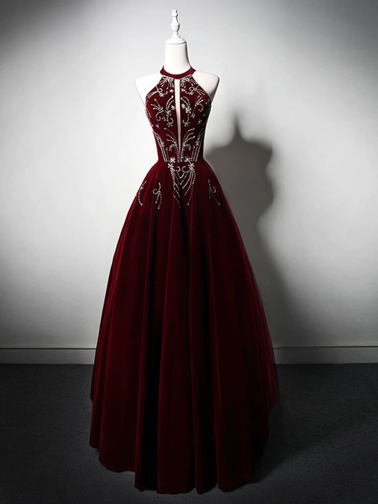 A-Line Velvet Burgundy Long Prom Dress with Beads shdress A-Line Velvet Burgundy Long Prom Dress with Beads shdress