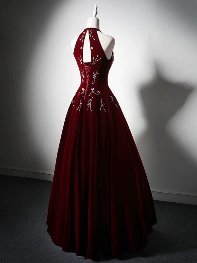 
                  
                    A-Line Velvet Burgundy Long Prom Dress with Beads
                  
                