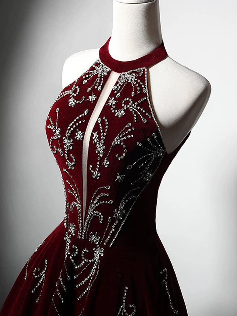 
                  
                    A-Line Velvet Burgundy Long Prom Dress with Beads
                  
                