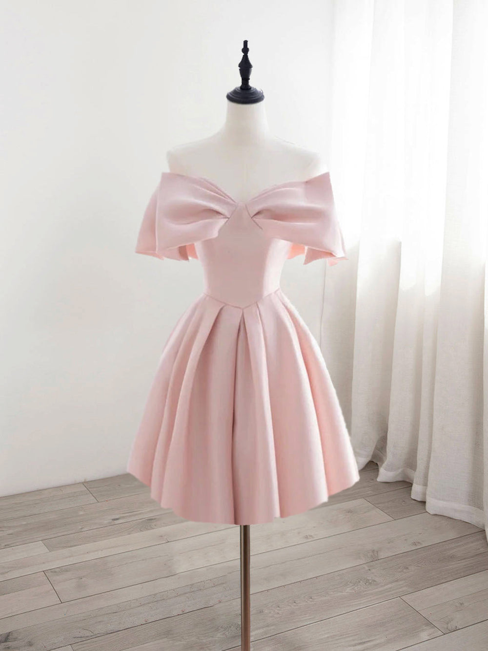 A-Line Off Shoulder Satin Pink Short Prom Dress, Pink Homecoming Dress shdress A-Line Off Shoulder Satin Pink Short Prom Dress, Pink Homecoming Dress shdress