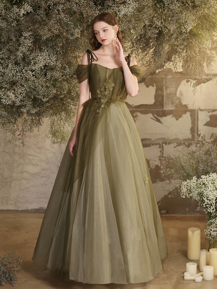 A-Line Off Shoulder Tulle Lace Green Long Prom Dress, Green Lace Long shdress A-Line Off Shoulder Tulle Lace Green Long Prom Dress, Green Lace Long shdress