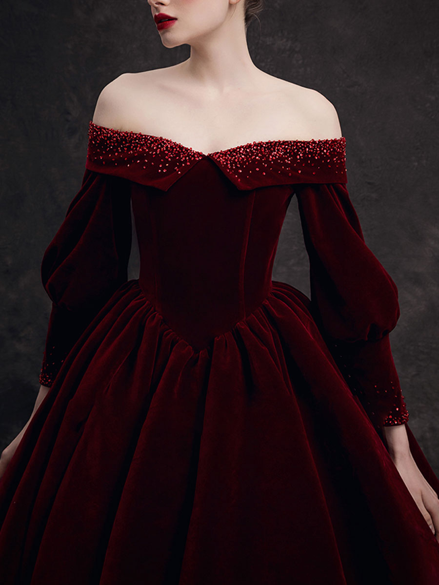A-Line Long Sleeves Velvet Burgundy Long Prom Dress, Burgundy Long Formal Dress