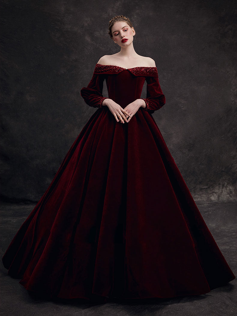A-Line Long Sleeves Velvet Burgundy Long Prom Dress, Burgundy Long For