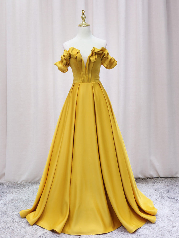 Yellow A-line Satin Long Prom Dress, Yellow Formal Dress