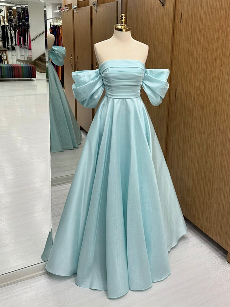 A-Line Off Shoulder Satin Blue Long Prom Dress, Blue Long Formal Dress