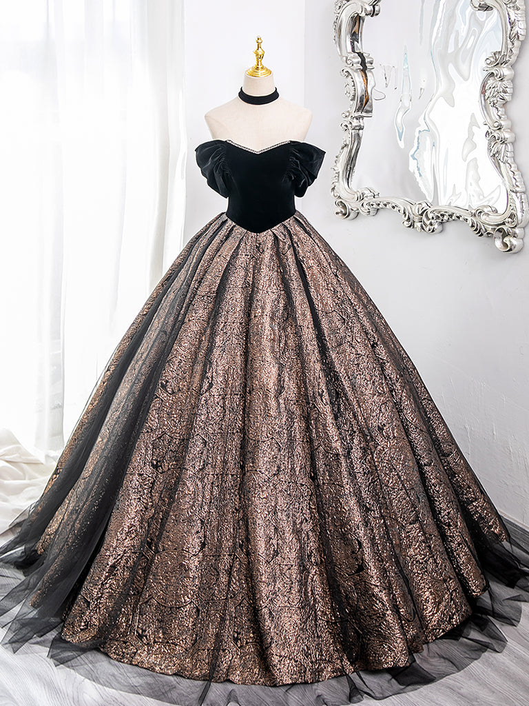 A-Line Off Shoulder Tulle Black Long Prom Dress, Black Long Formal Dress