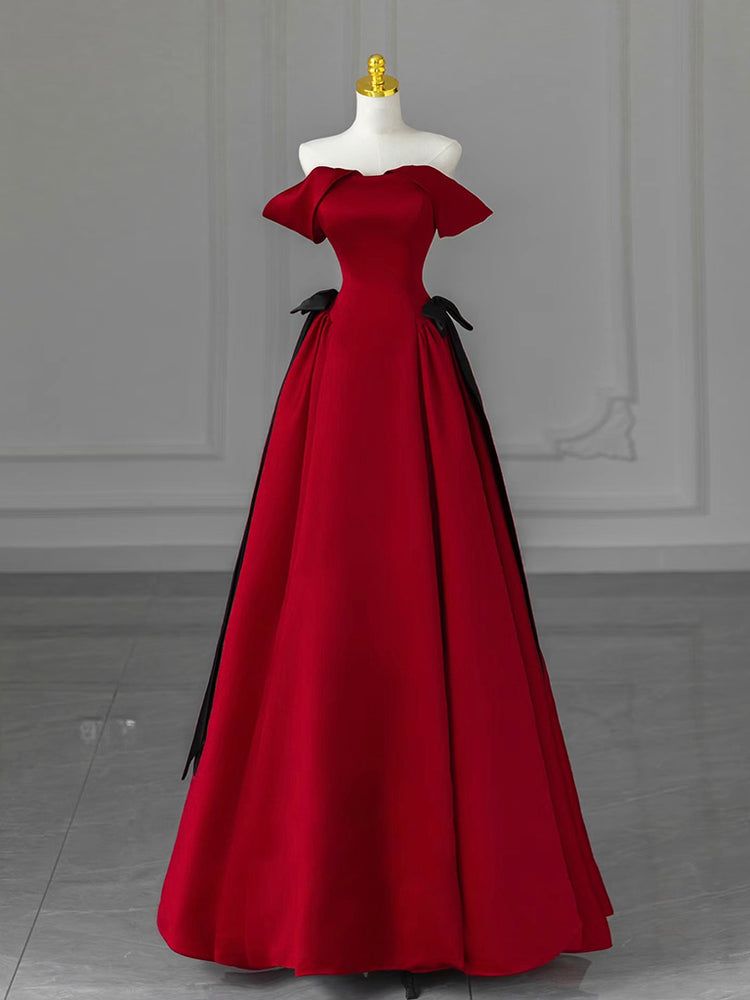 A-Line Off Shoulder Satin Burgundy Long Prom Dress, Burgundy Long Form shdress A-Line Off Shoulder Satin Burgundy Long Prom Dress, Burgundy Long Form shdress