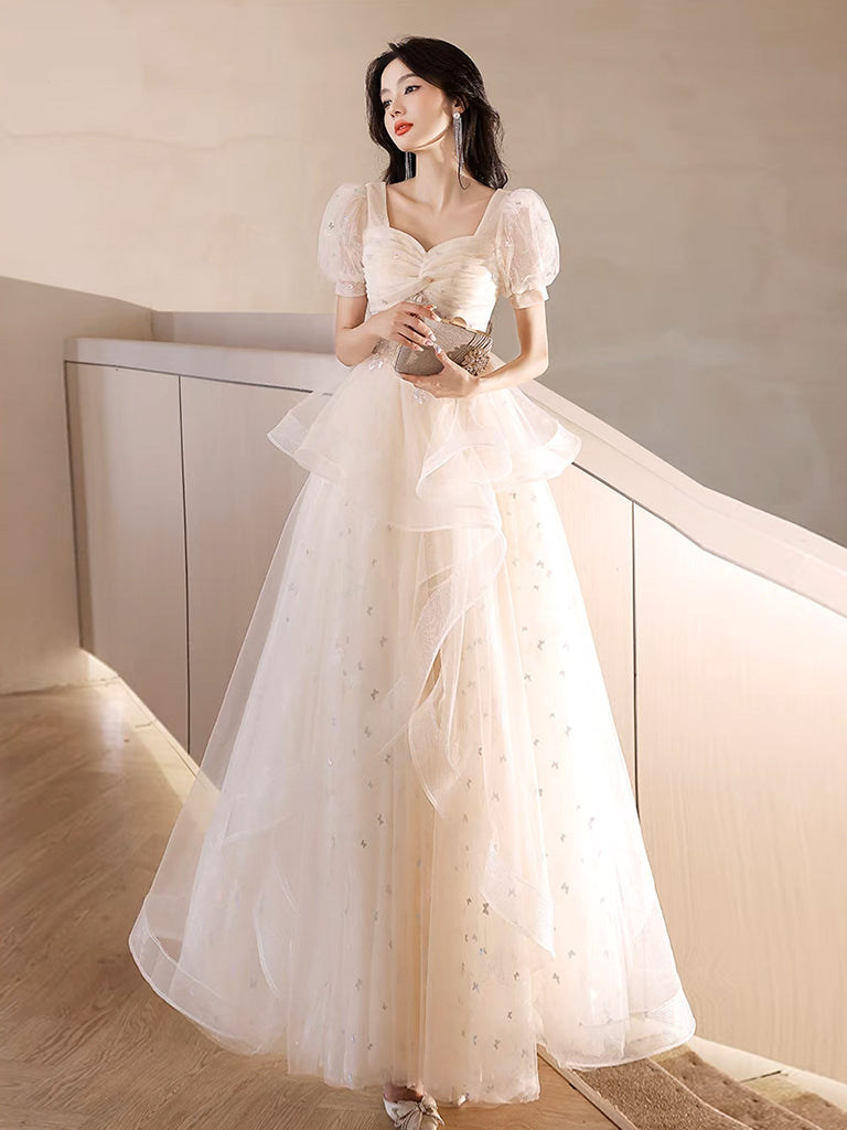 
                  
                    A-Line Light Champagne Tulle Lace Long Prom Dress, Light Champagne Long Evening Dress
                  
                