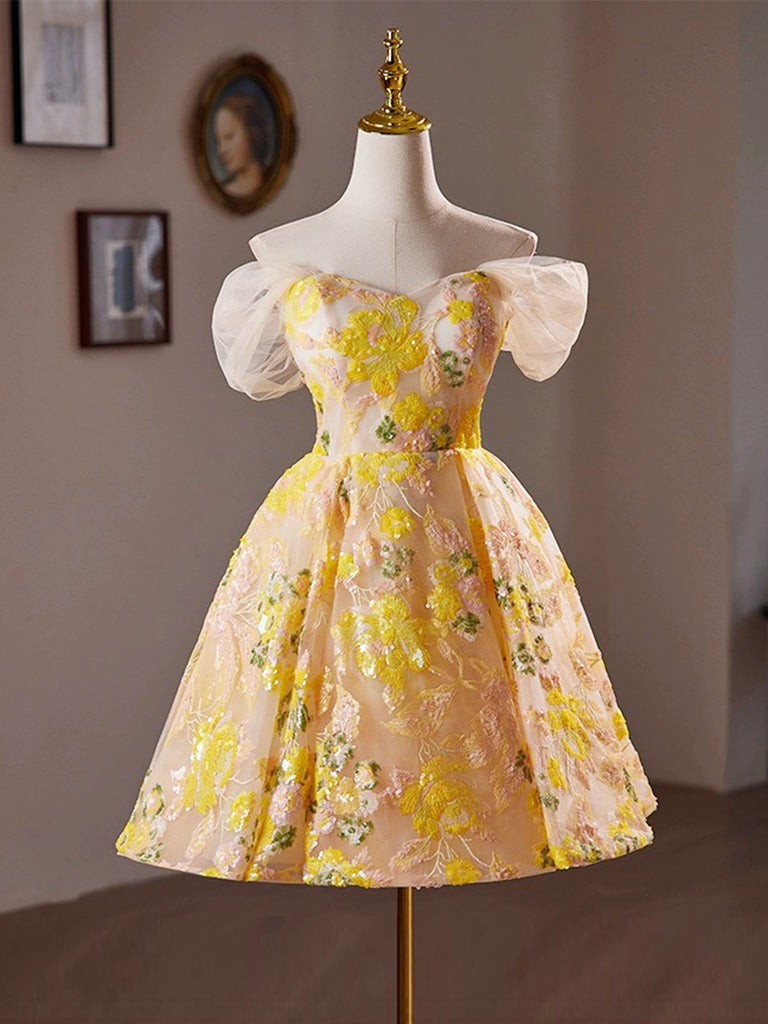 A-Line Off Shoulder Lace Yellow Short Prom Dress, Yellow Homecoming Dress