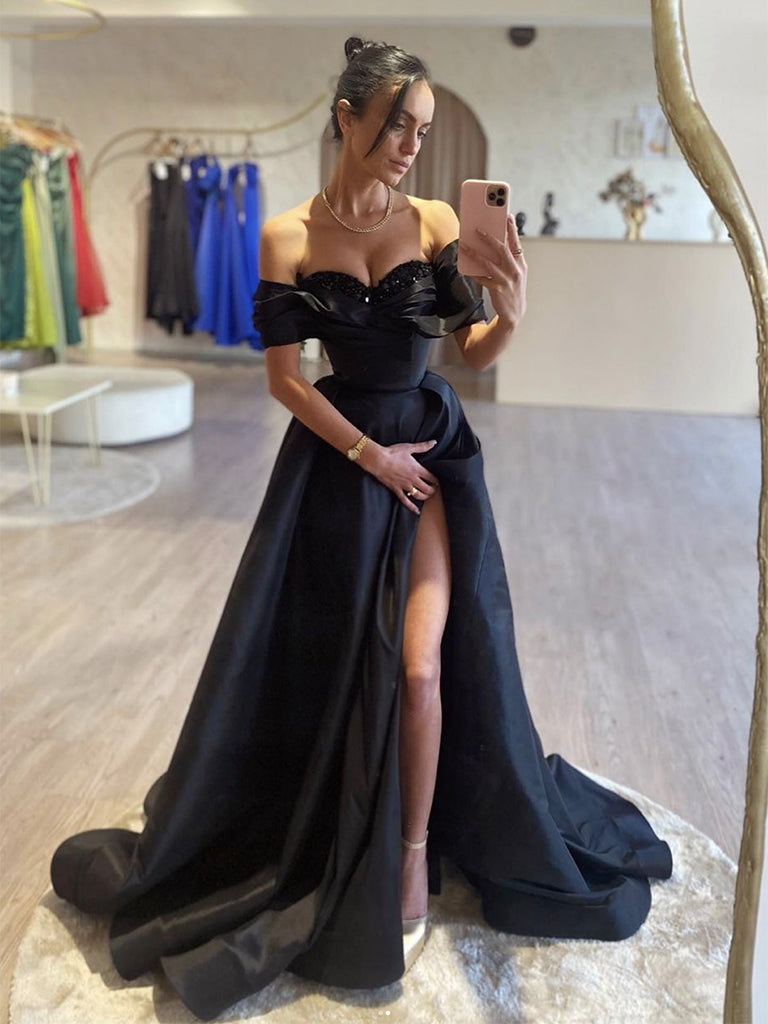 A-Line Off Shoulder Satin Black Long Prom Dress, Black Long Evening Dress