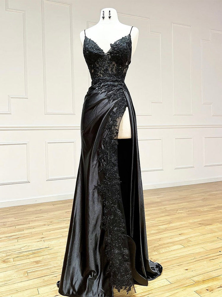 V Neck Satin Lace Mermaid Black Long Prom Dress, Black Lace Evening Dr – shdress V Neck Satin Lace Mermaid Black Long Prom Dress, Black Lace Evening Dr – shdress
