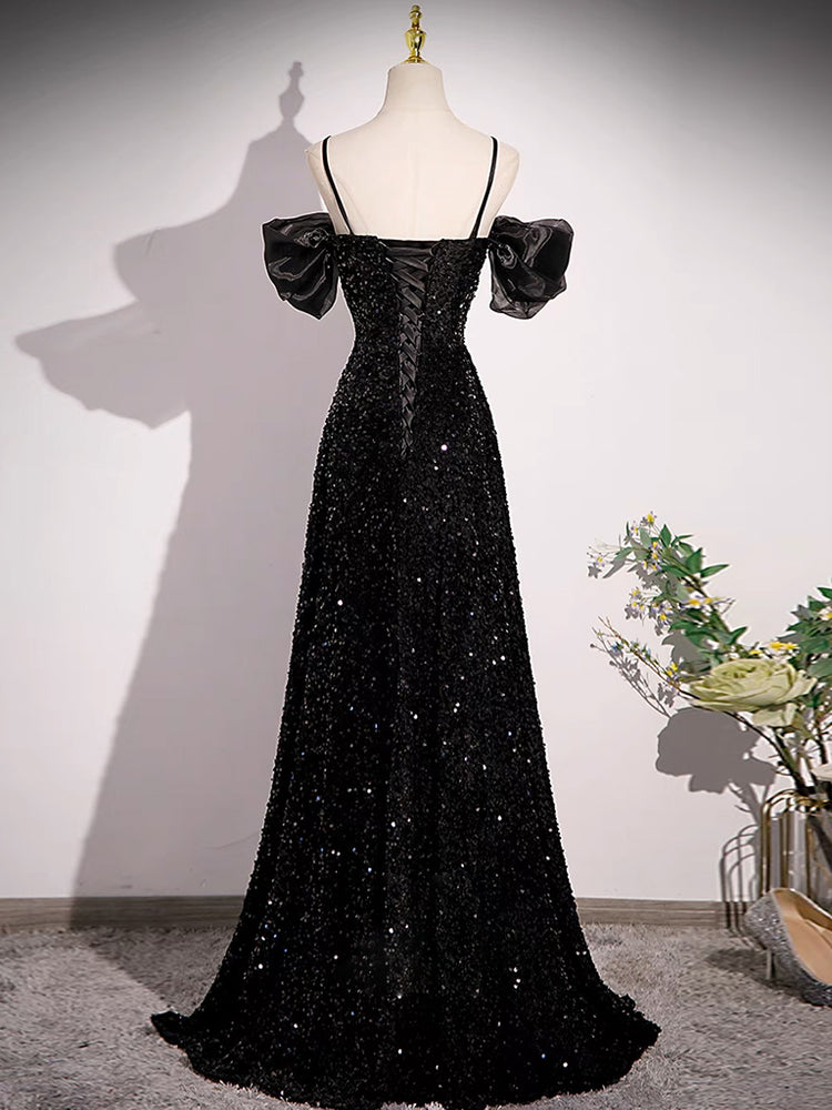 
                  
                    A-line Off Shoulder Velvet Sequin Long Prom Dress, Black Long Formal Dress
                  
                