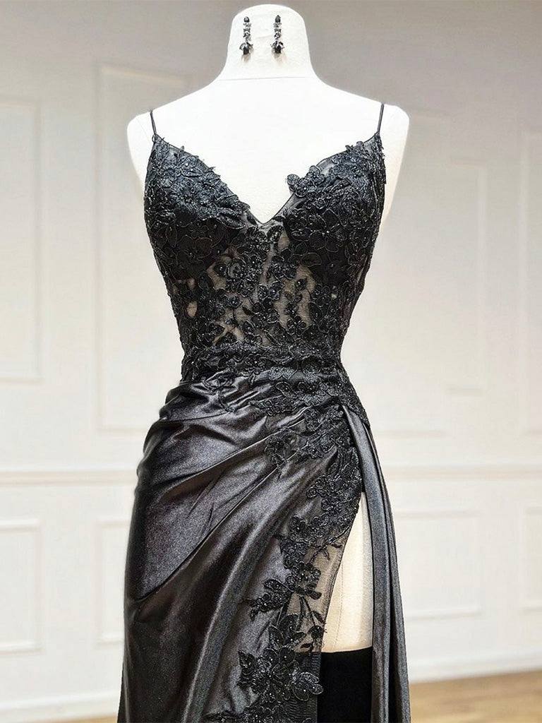 V Neck Satin Lace Mermaid Black Long Prom Dress, Black Lace Evening Dr shdress V Neck Satin Lace Mermaid Black Long Prom Dress, Black Lace Evening Dr shdress