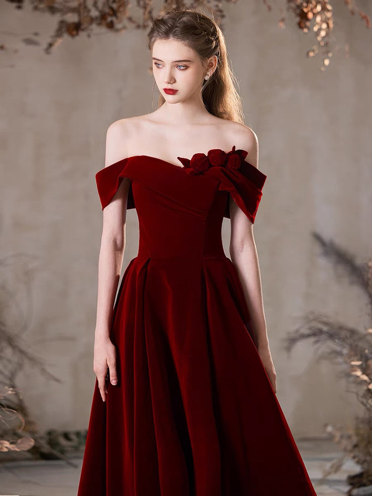 Burgundy Dress Burgundy Off Shoulder Chic Sweetheart Tea Length Party Dress,Velvet Evening Dress Burgundy Dress Burgundy Off Shoulder Chic Sweetheart Tea Length Party Dress,Velvet Evening Dress