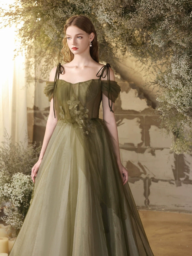 A-Line Off Shoulder Tulle Lace Green Long Prom Dress, Green Lace Long shdress A-Line Off Shoulder Tulle Lace Green Long Prom Dress, Green Lace Long shdress