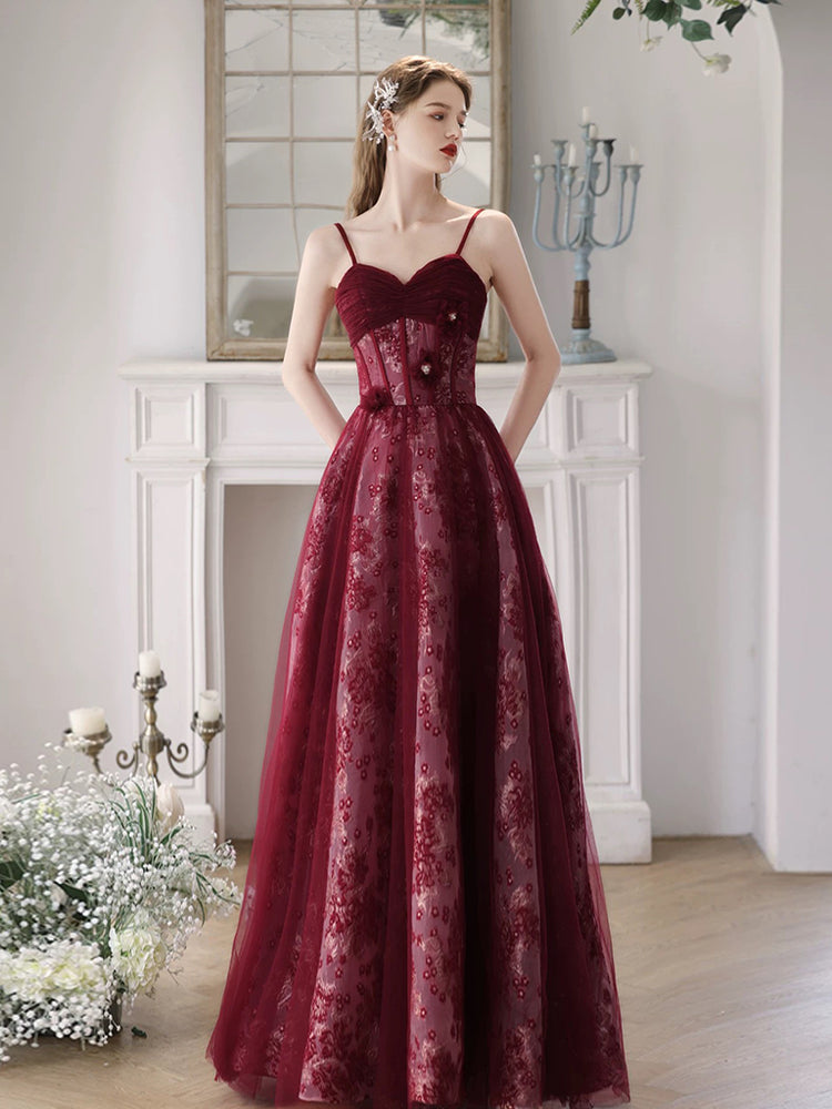 A-Line Tulle Lace Burgundy Long Prom Dress, Burgundy Long Formal Dress shdress A-Line Tulle Lace Burgundy Long Prom Dress, Burgundy Long Formal Dress shdress