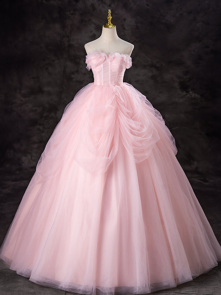 A-Line Tulle Pink Long Prom Dress, Pink Tulle Long Formal Dress