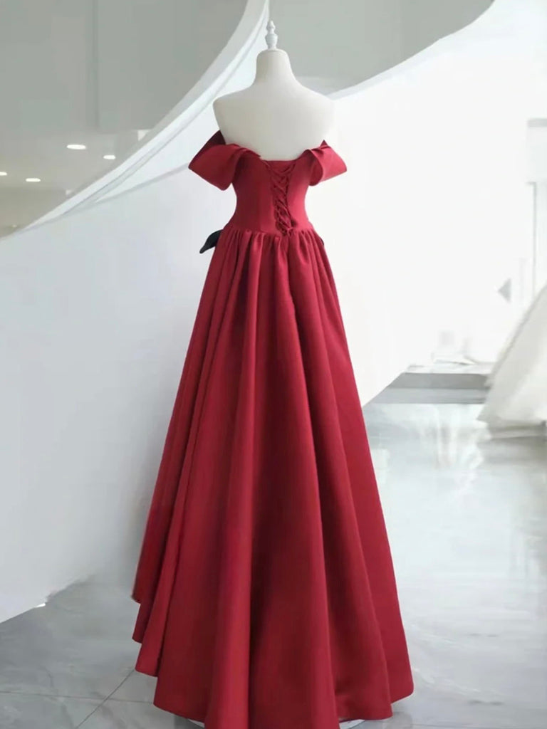 Burgundy v neck satin off shoulder long prom dress burgundy evening dress cc325 main image 1