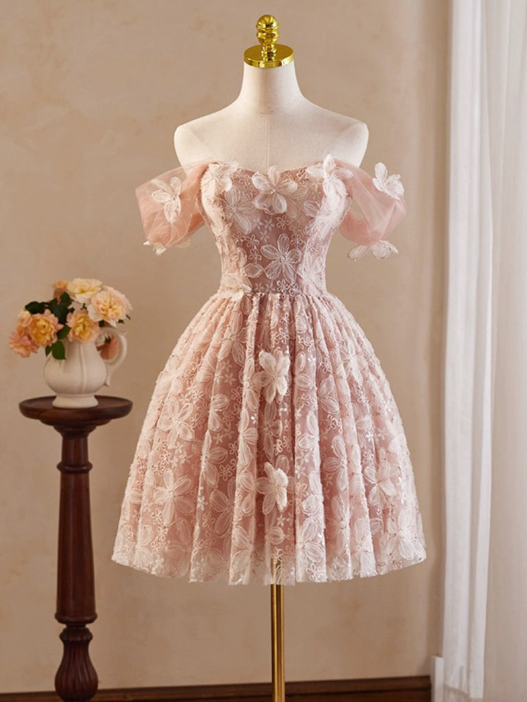 A-Line Off Shoulder Tulle Lace Short Prom Dress