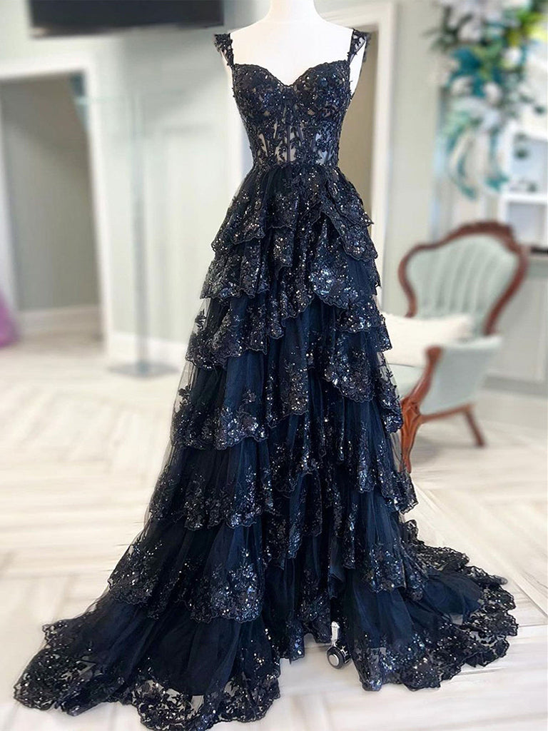 glitter prom dress black A-Line Sweetheart Neck Tulle Sequin Black Long Prom Dress, Black Forma – shdress