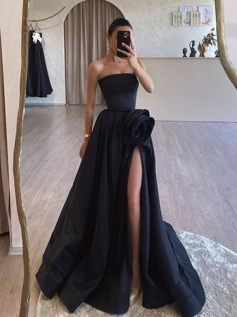 A-Line Satin Black Long Prom Dress, Black Long Formal Dress