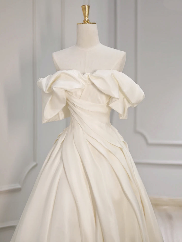 A-Line Off Shoulder Satin Beige Long Prom Dress, Beige Long Formal Dre – shdress