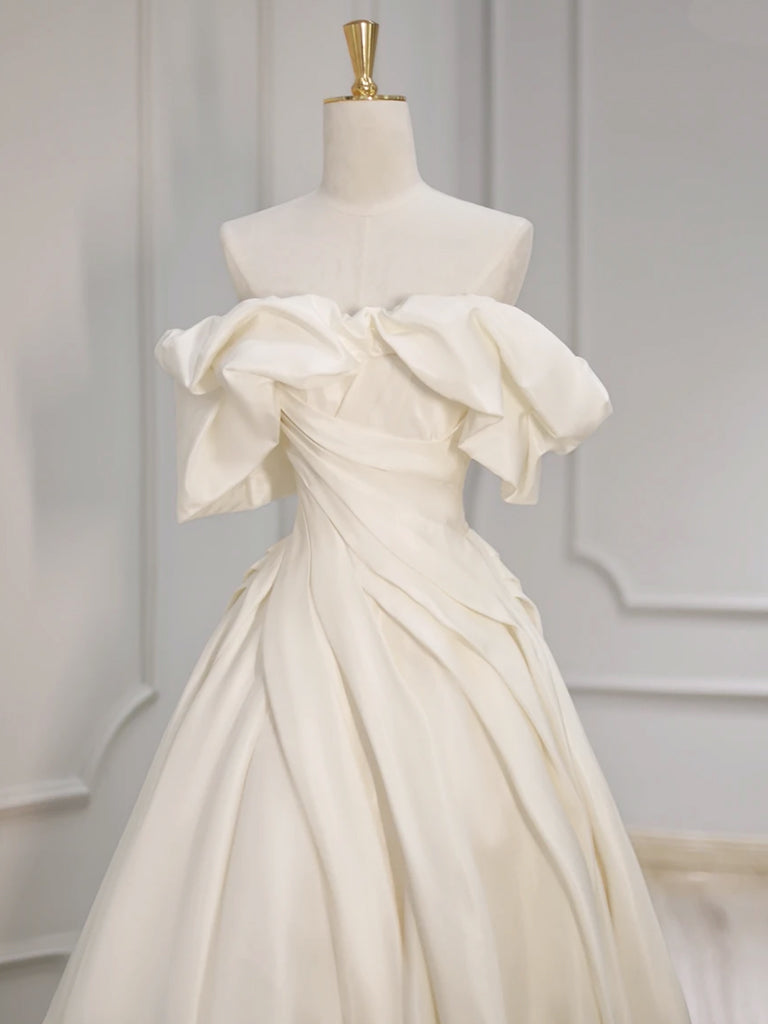 
                  
                    A-Line Off Shoulder Satin Beige Long Prom Dress, Beige Long Formal Dress
                  
                
