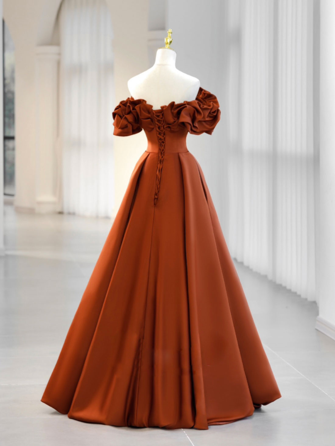 
                  
                    A-Line Off Shoulder Satin Orange Long Prom Dress, Orange Formal Dress
                  
                
