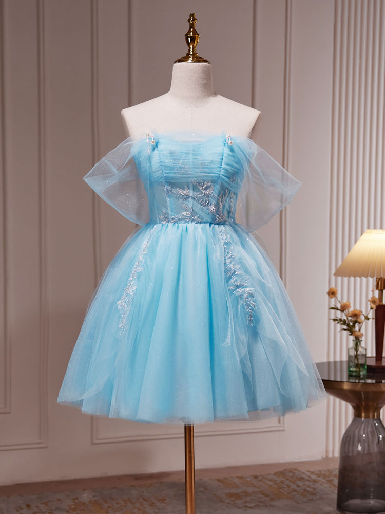 prom dresses teal short A Line V Neck Ice Blue Short Lace Prom Dress, Ice Blue Short Lace Home jbydress