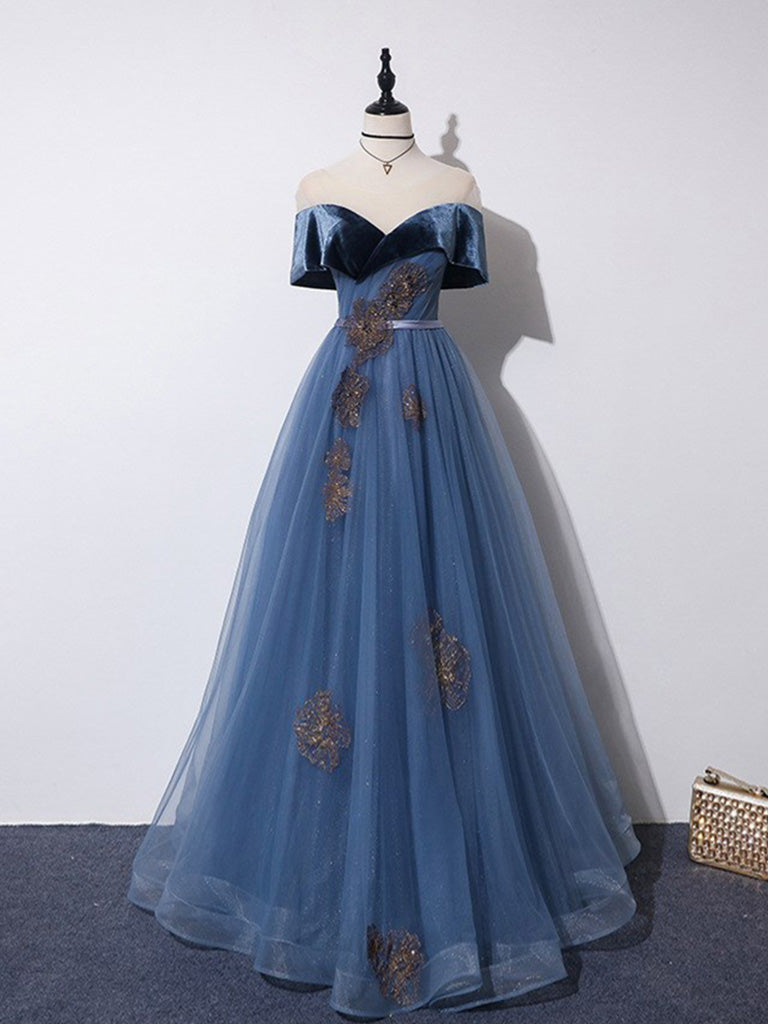 A-Line Off Shoulder Tulle Gray Blue Long Prom Dress, Blue Formal Dress shdress A-Line Off Shoulder Tulle Gray Blue Long Prom Dress, Blue Formal Dress shdress
