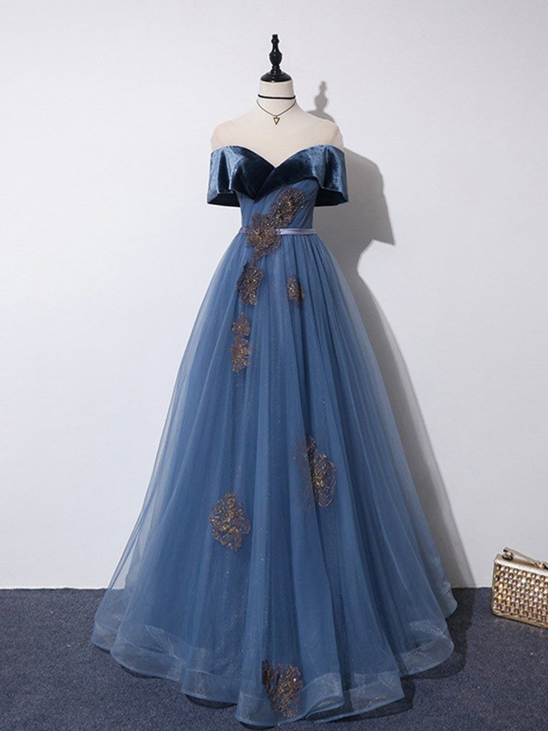 A-Line Off Shoulder Tulle Gray Blue Long Prom Dress, Blue Formal Dress