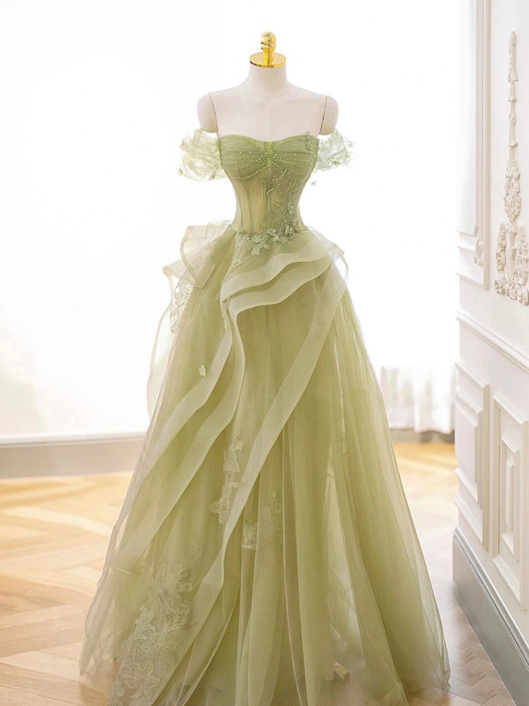 A-Line Off Shoulder Green Lace Long Prom Dress, Green Formal Dress