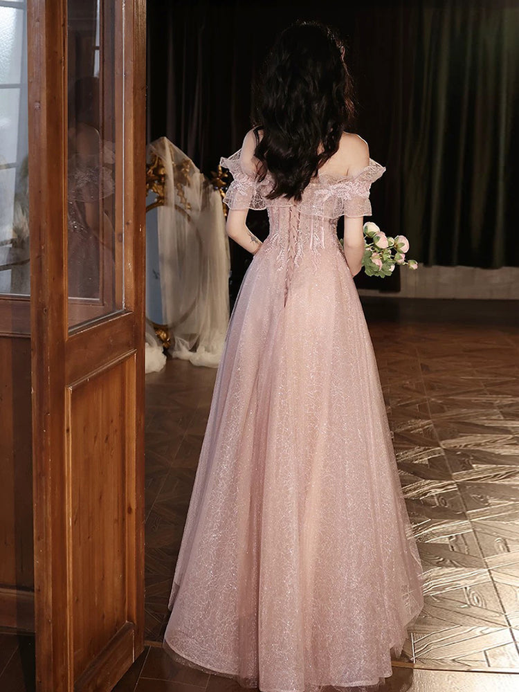 A-Line Off Shoulder Tulle Sequin Pink Long Prom Dress, Pink Long Forma – shdress