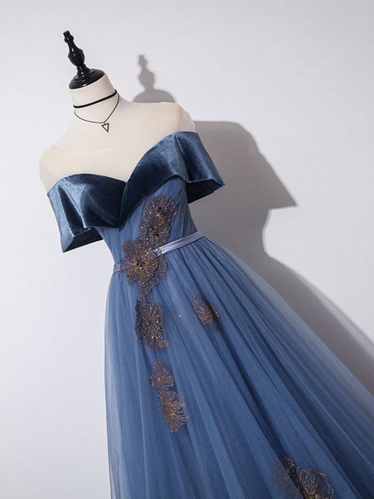 
                  
                    A-Line Off Shoulder Tulle Gray Blue Long Prom Dress, Blue Formal Dress
                  
                