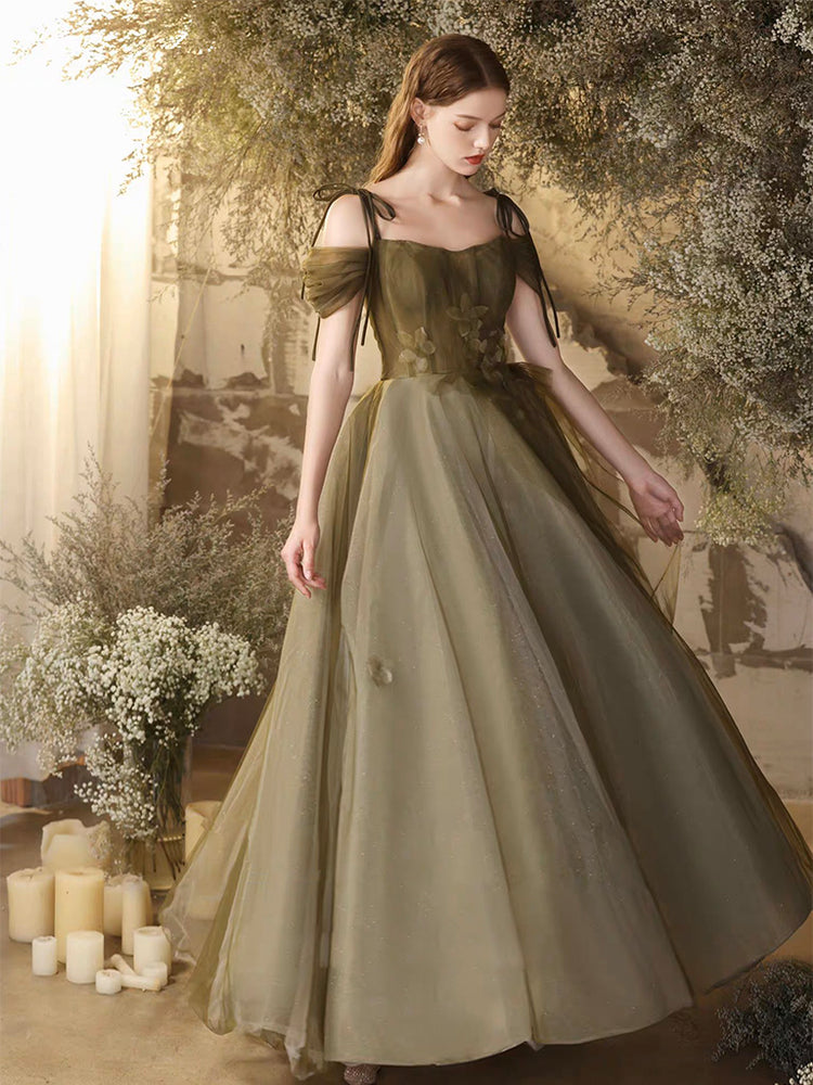 
                  
                    A-Line Off Shoulder Tulle Lace Green Long Prom Dress, Green Lace Long Formal Dress
                  
                