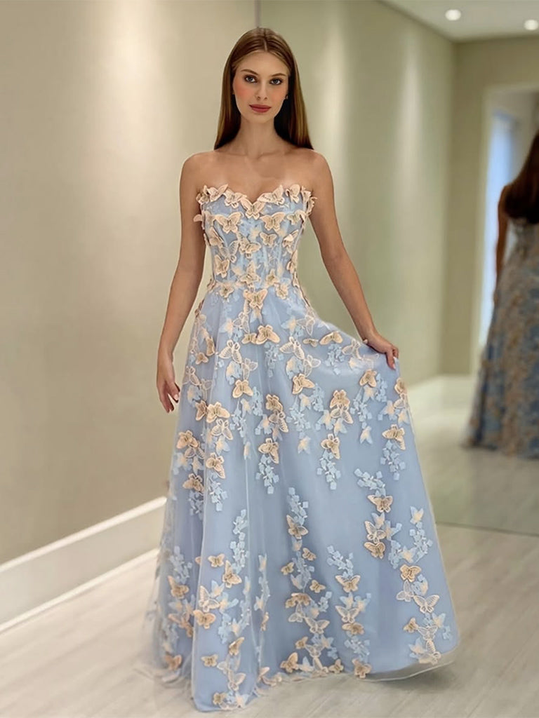 Blue round neck tulle lace applique long prom dress, blue evening dres